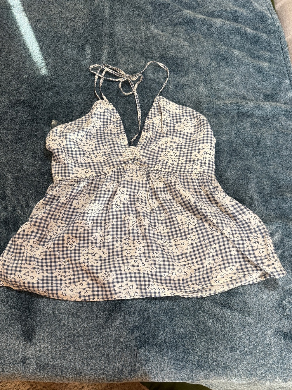 American Eagle Outfitters Blue and White Gingham Floral Halter Camisole